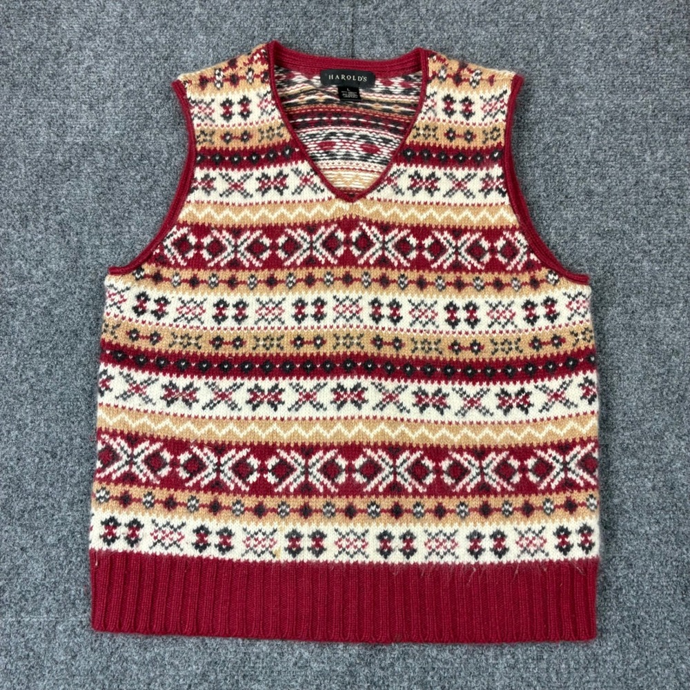 VTG Harolds Fair Isle Merino Wool Angora Blend Sweater Vest Red Tan Mens Large